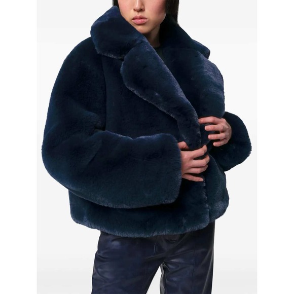 Apparis Miller Faux Fur Jacket Short Coat Blue Collared Winter Cropped Sz L - Picture 1 of 12